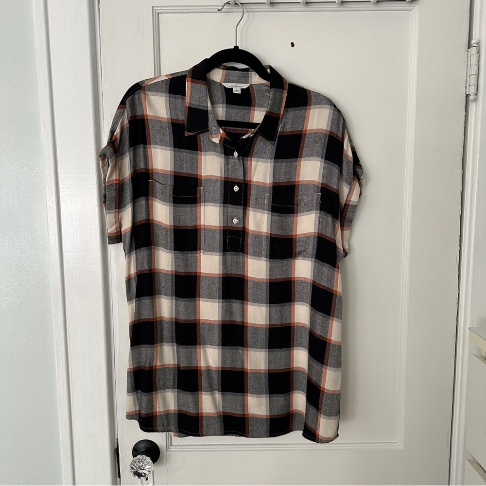 L.L. Bean Black, White, and Orange Plaid Button-Down Shirt